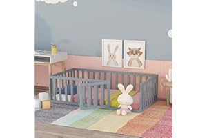 BELLEMAVE Montessori Floor Bed for Kids, Twin Size Bed Frame with Fence-Shaped Guardrails and Door, Wooden Floor Twin Bed for Kids, Boys, Girls(Gray, Twin Size)