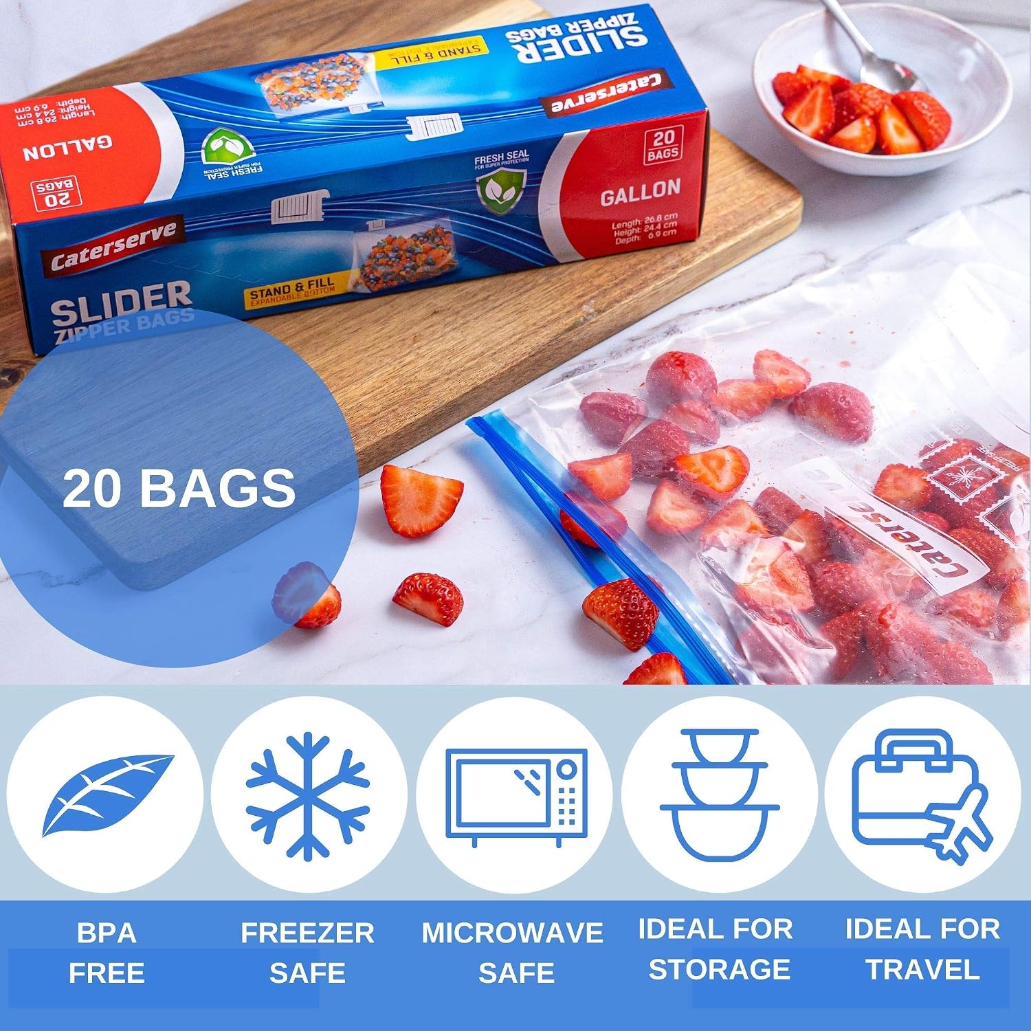 Slider Ziplock Bags, 1 Gallon Food Storage Bags, 20 Resealable Food Bags, Stand and Fill Expandable Bottom - Image 4