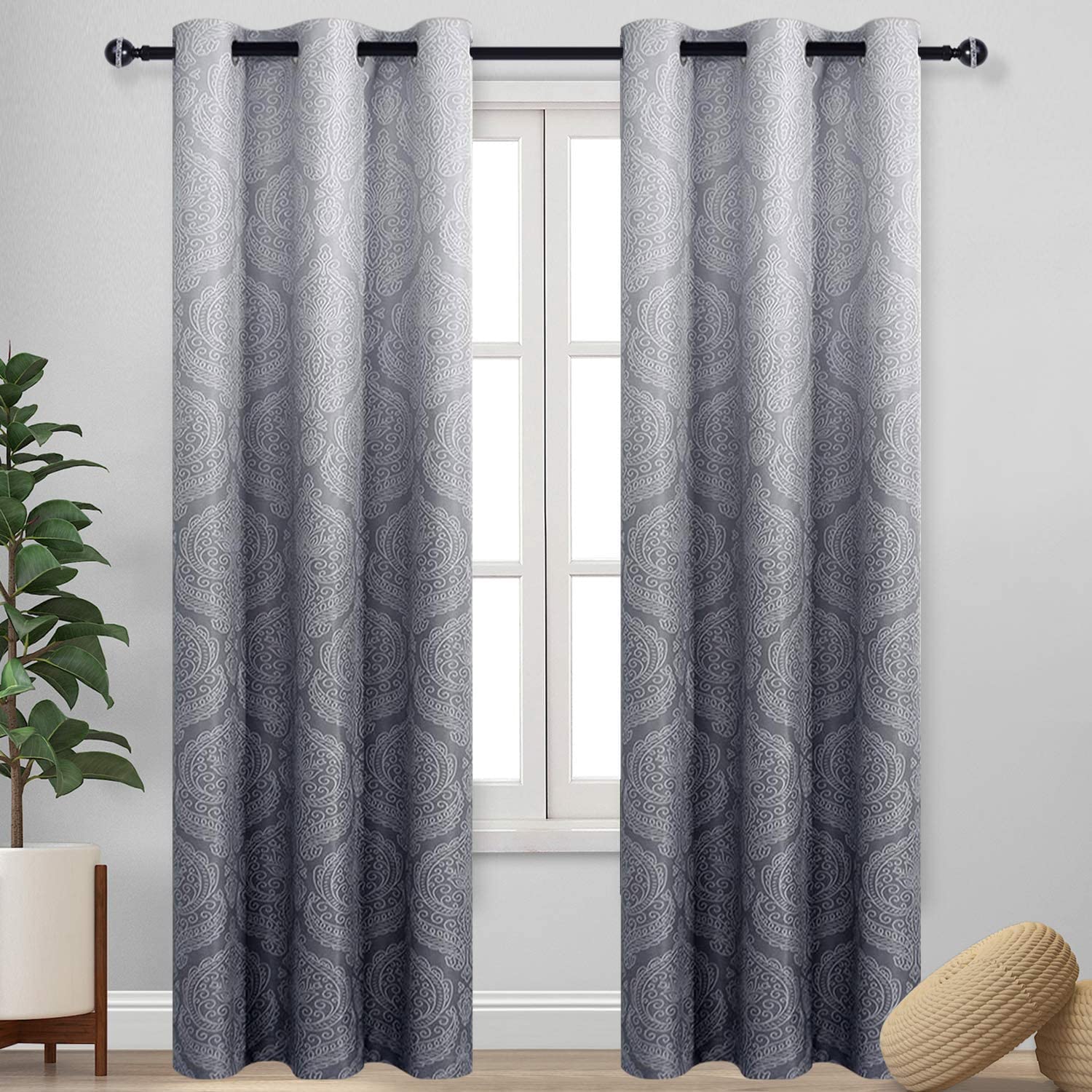 DWCN Ombre Blackout Curtains for Bedroom - Damask Patterned Thermal Insulated Energy Saving Grommet Curtains for Living Room, Set of 2 Gradient Window Curtain Panels, 42 x 84 Inches Long, Grey