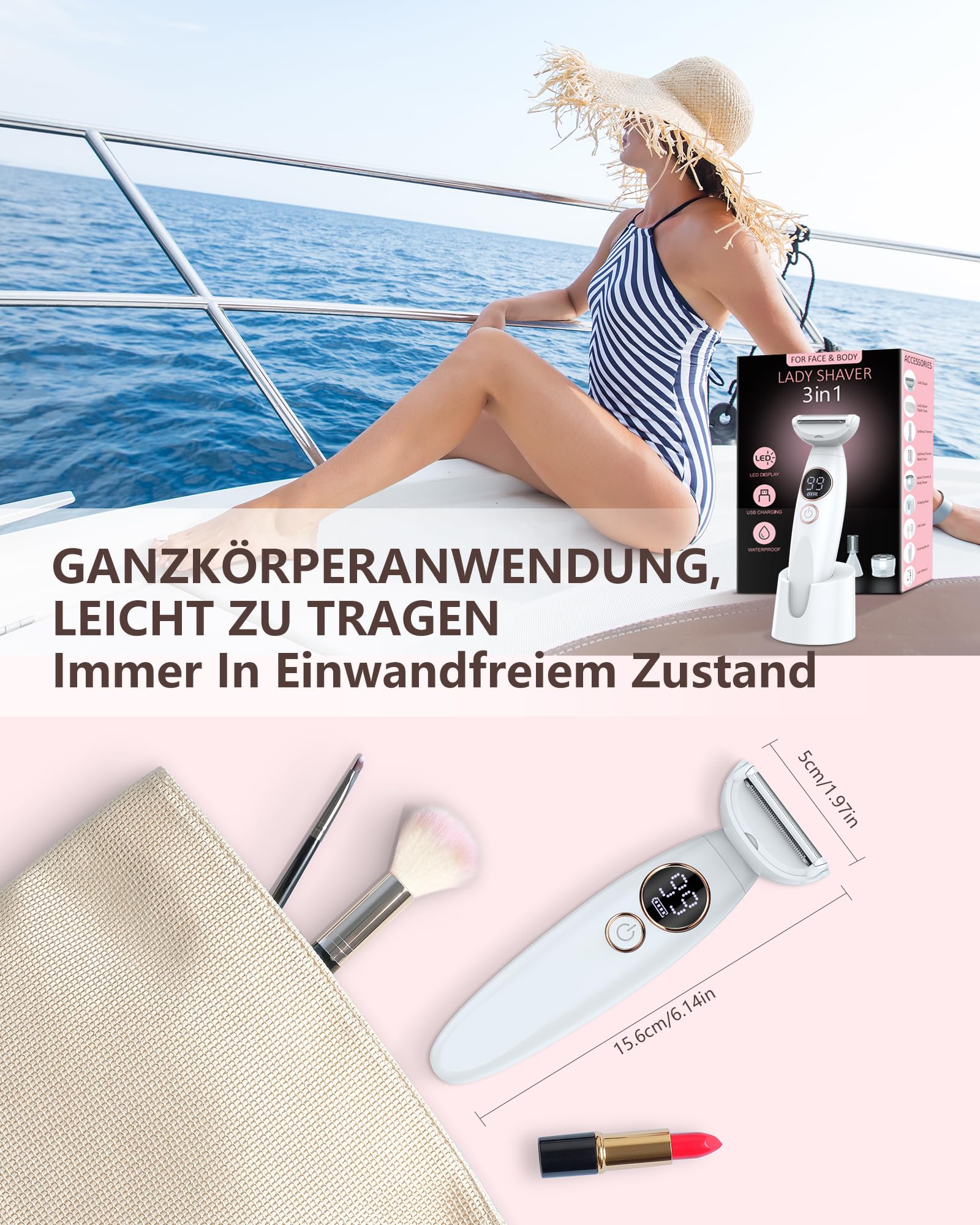 Rasierer Damen,3-In-1 Intimrasierer für Frauen,Gesichtshaarentferner für Frauen,Damenrasierer Elektrisch Nass-Trockenrasierer Ipx7 Wasserdicht Trimmer Damen,für Bikinizone Achseln Beine,USB-Aufladung 7