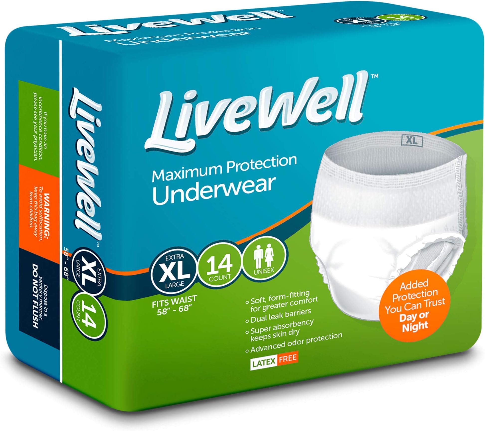 Supreme FlexRight Protective Unisex Underwear (Extra Large XL 58" - 68" Waist Size) - 14 Count