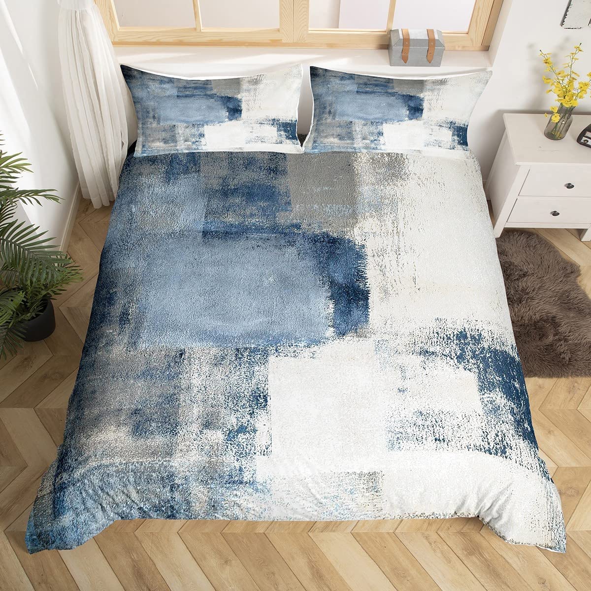 Navy Blue Duvet Cover For Kids Teens Youth,Retro Tie Dyed Bedding Set,Grunge White And Grey Watercolor Comforter Cover Double,Ombre Art Bedspread With 2 Pillowcases Home Room Decor