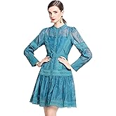 LAI MENG FIVE CATS Women's Hollow Out Floral Print Lantern Sleeve Button Casual Mini Dress