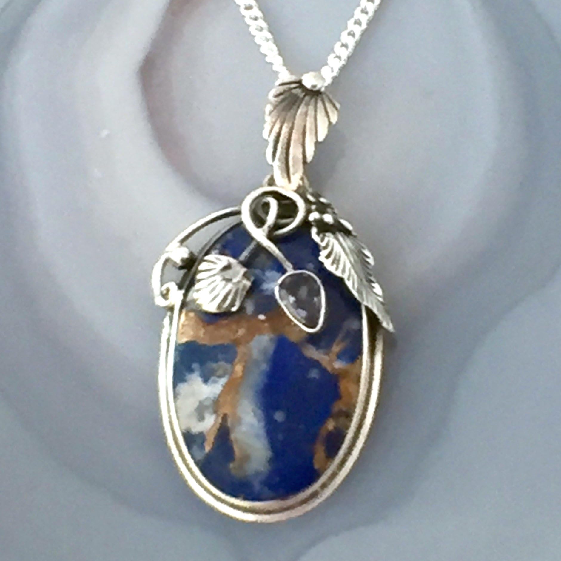 Rare Genuine Afghan COPPER LAPIS LAZULI, and Iolite Gemstones, 925 Sterling Silver, Leafy Theme Oval Pendant 1.77" Long, with FREE Sterling Silver Chain.