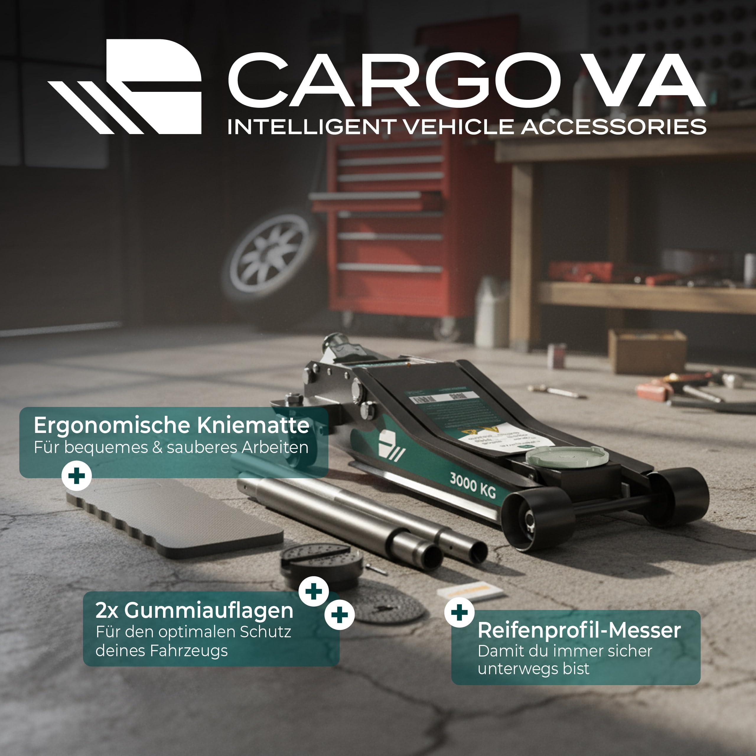 CargoVA Wagenheber 3T hydraulisch | Flacher Wagenheber mit 75-505mm Hubhöhe | Profi-Toolkit inkl. Kniematte & 2X Gummiauflagen | Ideal für SUV & tiefergelegte Autos | Rangierwagenheber Reifenwechsel 3