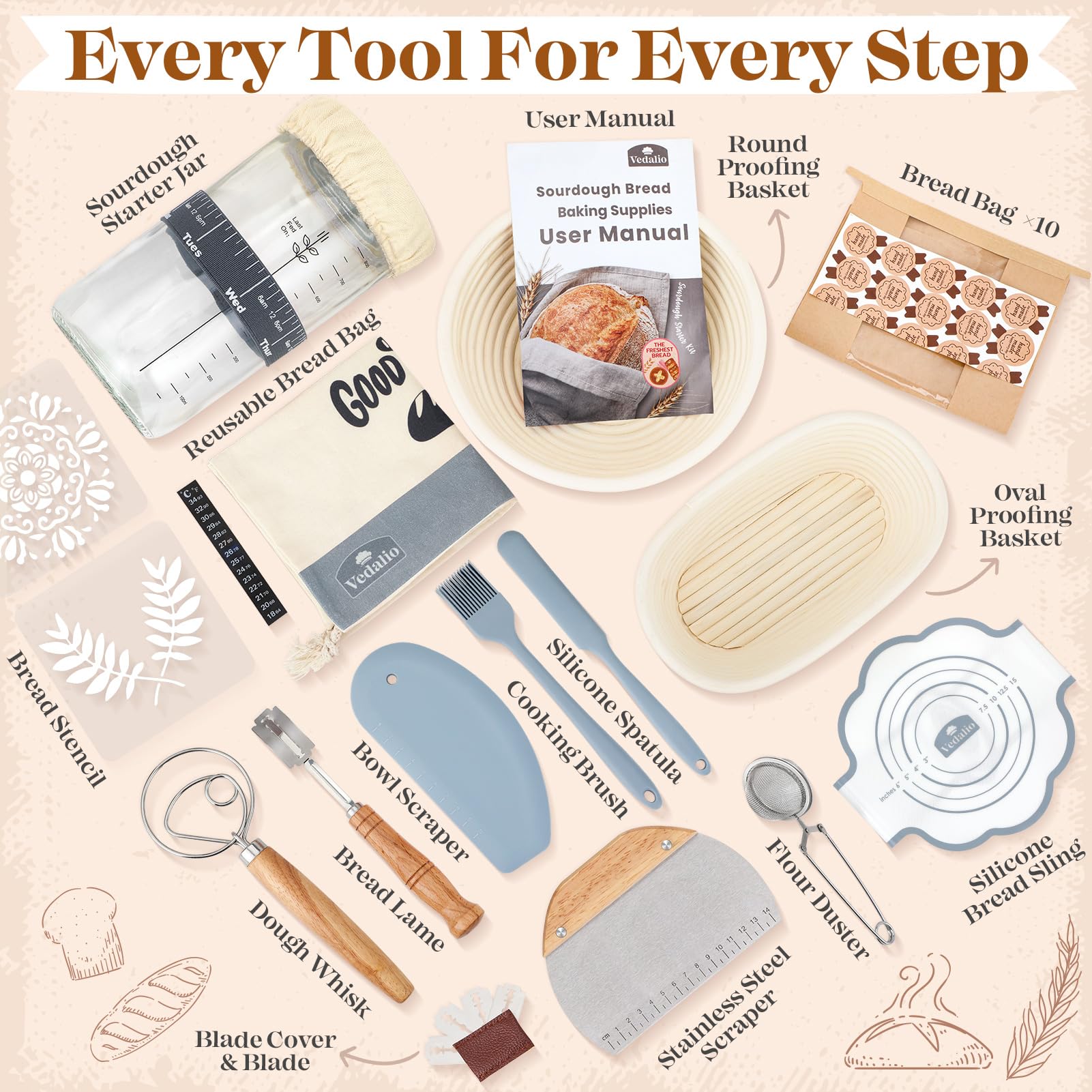 Sourdough Starter Kit, Sourdough Bread Baking Supplies, Bread Proofing Basket, Sourdough Kit for Modern Home and Kitchen, Sourdough Bread Basket, Sour Dough Kit Tools, Bread Making Tools Kit