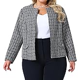 Agnes Orinda Plus Size Tweed Blazer for Women Collarless Long Sleeve Open Front Work Business Jacket Suits Casual 2025