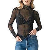MANGOPOP Women's Glitter Mesh Top Long Sleeve Sexy See Through Sheer Stretchy Sparkly Going Out Tops