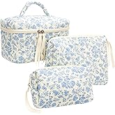 PAZIMIIK 3PCS Makeup Bag SET Large Travel Quilted Zipper Soft Cosmetic Case Pouch for Women Girls Make Up,Little Flower Blue
