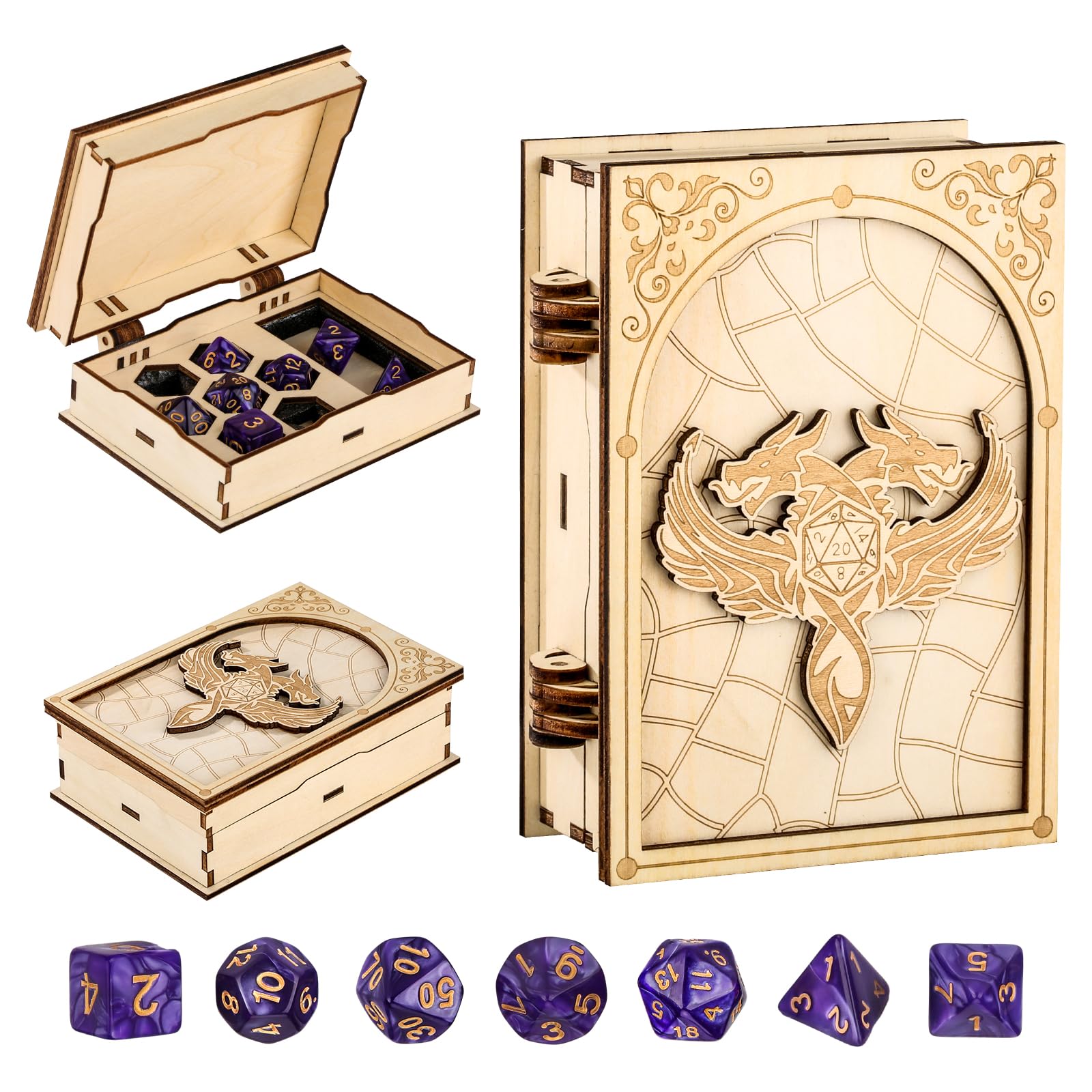 Wooden Dice Storage Box, 7 Purple Polyhedral Dices, Relief Double Head Dragon Dice Storage Case, D&D Game Nights Accessories, Tabletop Gaming Container Exhibits, Gifts for Fantasy Player