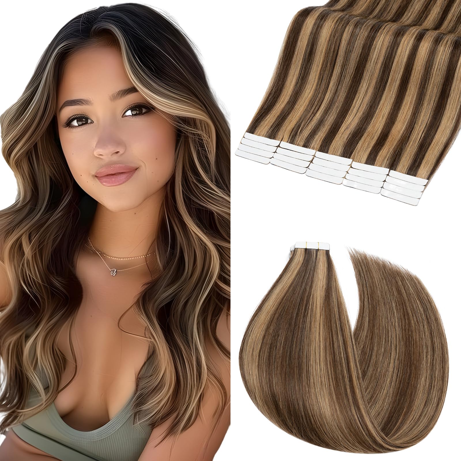 Elailite Tape in Hair Extensions Real Human Hair 20 Pcs - Invisible Skin Weft Real Remy Hair Extension Straight (#4/27 Medium Brown Mix Dark Blonde, 24 Inch-50g) โ image 1