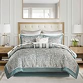 Madison Park Aubrey Cozy 12 Piece Comforter Set & Sheet, Luxe Faux Silk Jacquard Paisley Design - All Season Down Alternative Bedding with Cotton Bed Sheets, Bedskirt, Toss Pillows, Queen Teal