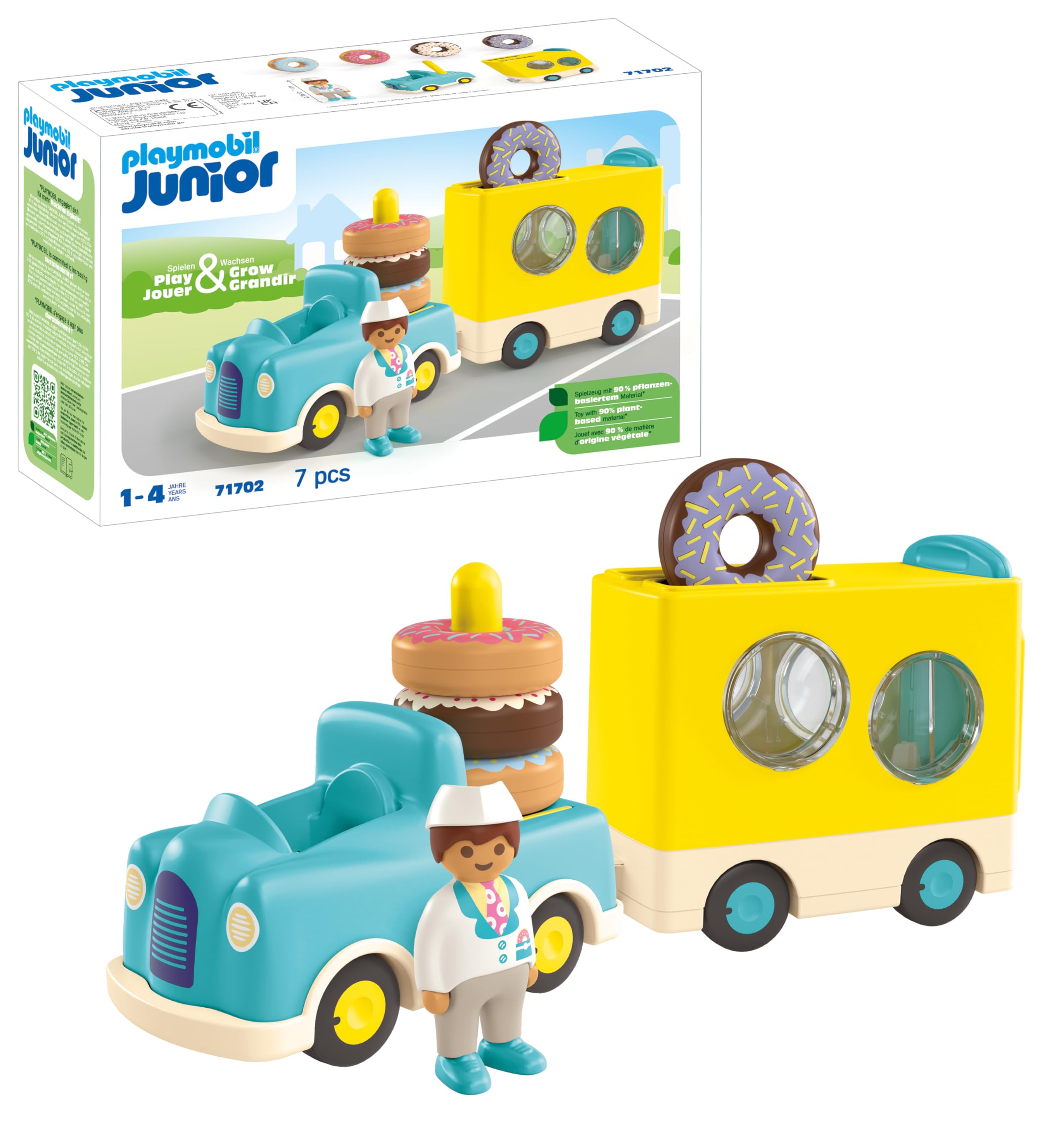 Playmobil 71702 JUNIOR: Crazy Donut Truck with Stacking and Sorting Feature, educational toys, made from over 90% plant-based plastics, gifting toy, suitable for children ages 12