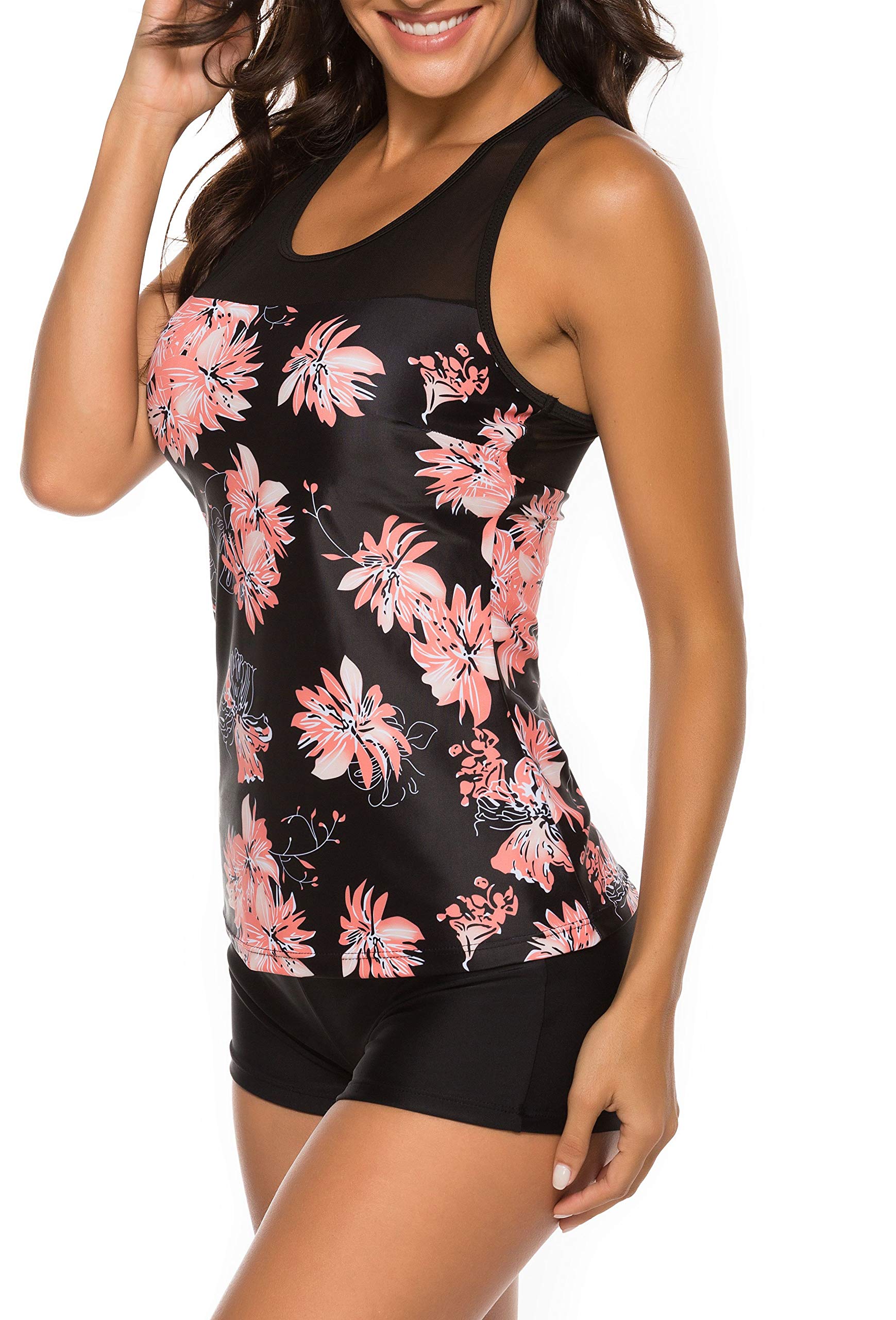 Willingyo Two Pieces Swimsuits for Women Racerback Tankini Bathing Suits with Boyshort Floral Print M