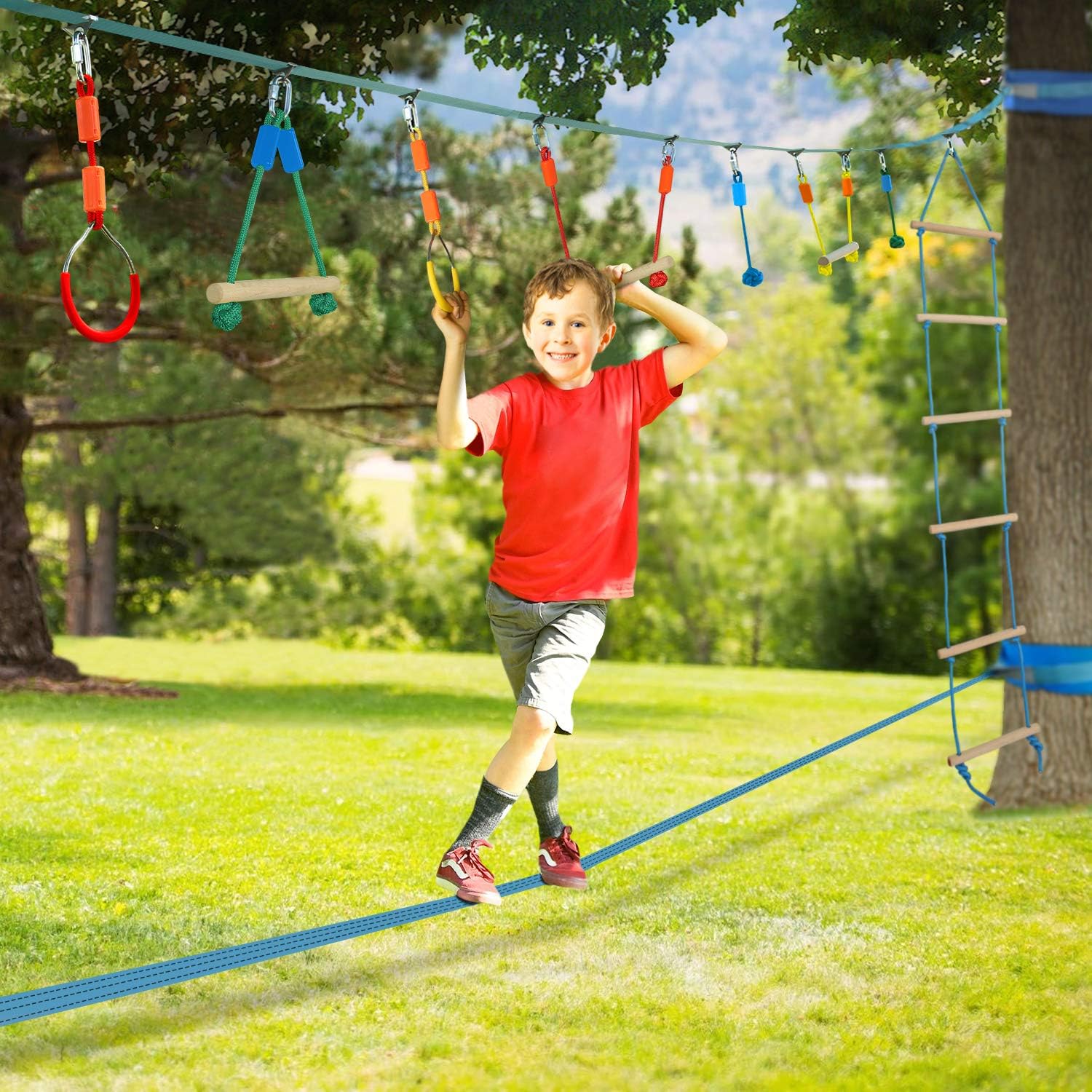 Jugader Ninjaline + Slackline Ninja Warrior Training Equipment for Kids - Backyard Obstacle Courses Including Rope Ladder, Gym Rings, Rope Knots, Monkey Bars: Toys & Games