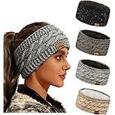 Qilitop 4-Pack Womens Winter Headbands Fuzzy Fleece Lined Cable Knit Ear Warmer Thick Warm Crochet Head Wrap Gifts Stocking Stuffers Criss-Cross Pattern Cold Weather Color Black Deep Light Grey Beige