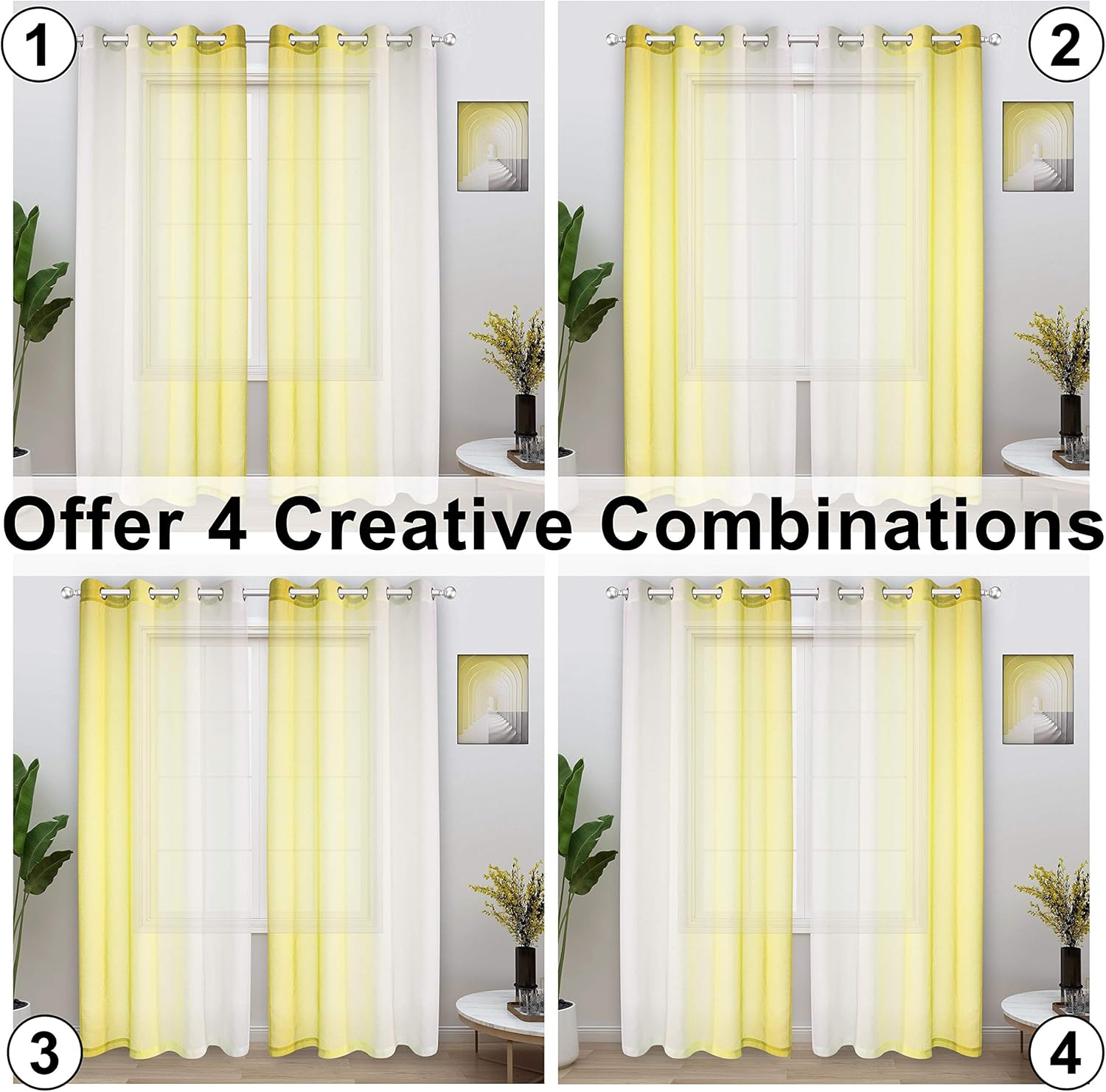 WONTEX Faux Linen 2 Tone Ombre Sheer Curtains for Living Room/ Bedroom, 52 x 84 Inch Long, Yellow and White – Light Filtering and Privacy Gradient Curtain, Grommet Semi Sheer Voile, Set of 2 Panels: Kitchen & Dining