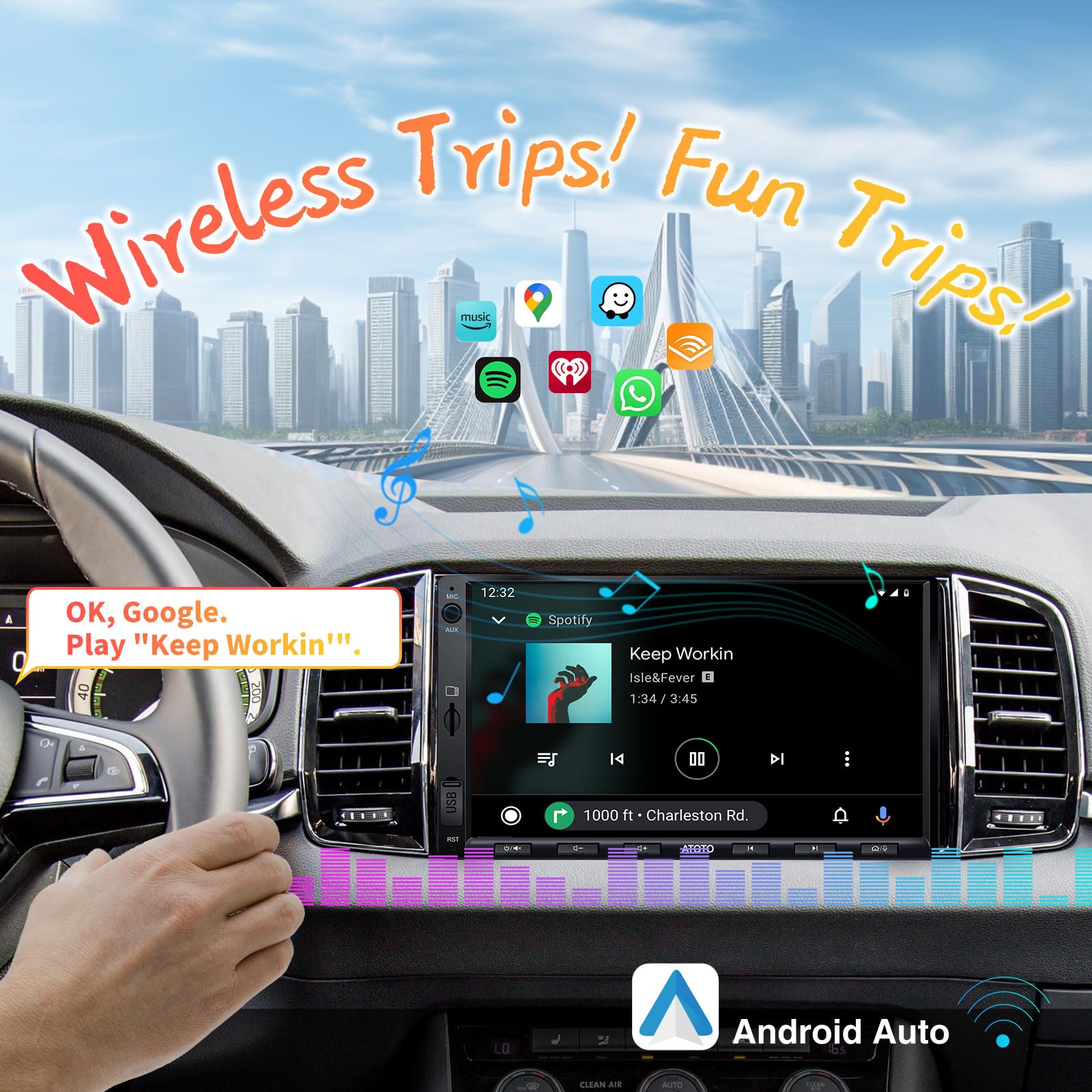 ATOTO F7WE Double DIN Car Stereo Wireless CarPlay, Wireless Android Auto 7inch in-Dash Navigation, Touch Screen Car Radio, Bluetooth 5.3, FM/AM/USB/AUX, 4.1 Channel Audio Out, HD LRV, F7G2A7WE