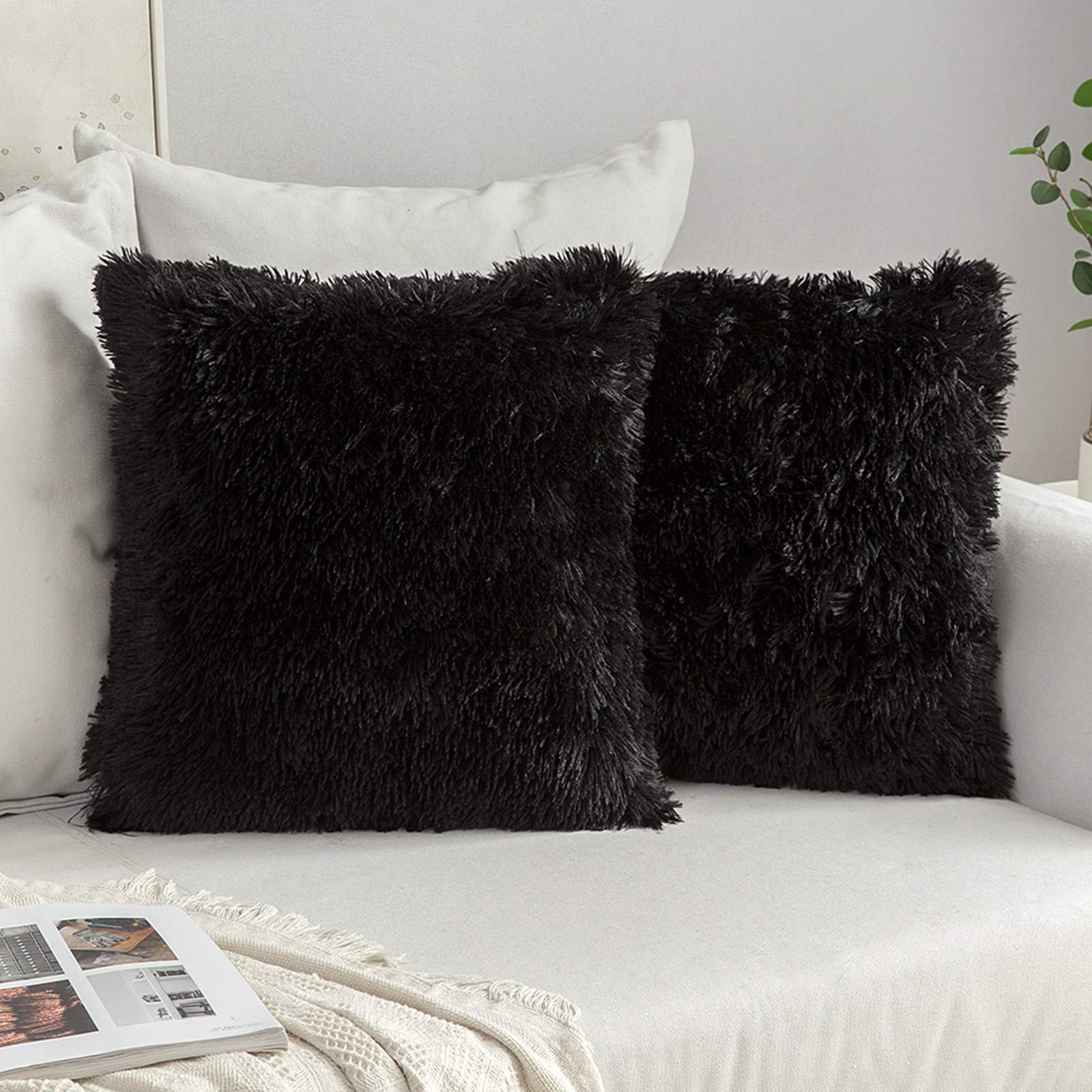 MIULEE Pack of 2 Faux Fur Throw Pillow Cover Fluffy Soft Decorative Square Pillow covers Plush Case Faux Fur Cushion Covers For Livingroom Sofa Bedroom 20 x 20 Inch 50 x 50 cm Black