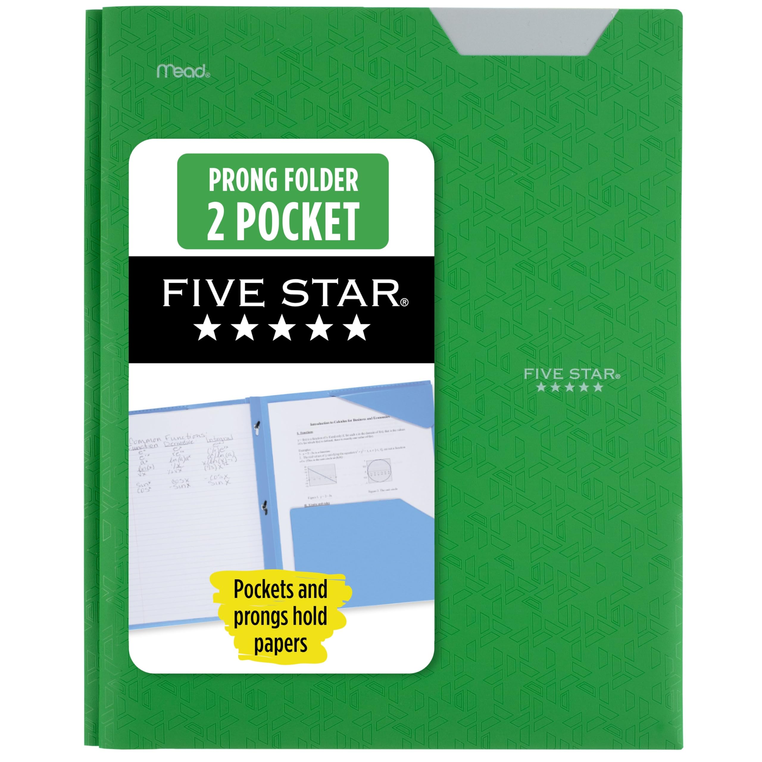 Five Star 2-Pocket Folder, Plastic Folder with Stay-Put Tabs and Prong Fasteners, Holds 8-1/2" x 11" Paper, Forest Green (72111)