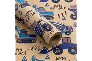 RUSPEPA Kids Wrapping Paper Roll, Mini Roll, Blue Truck and HAPPY BIRTHDAY Text Design Kraft Wrap Paper Great for Kids Boys Birthday, Truck Party and More - 17 Inches X 16.4 Feet