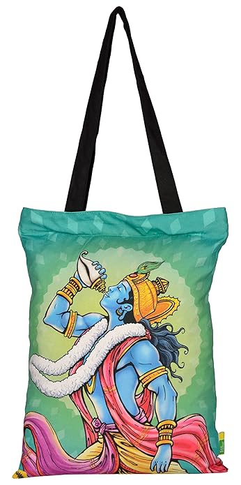 Eco Corner - Krishna With Conch - Tote Bag - Official Amar Chitra Katha - `Tinkle Merchandise - 100% Cotton/Printed On Both Sides/Pocket Inside/Zip Closure