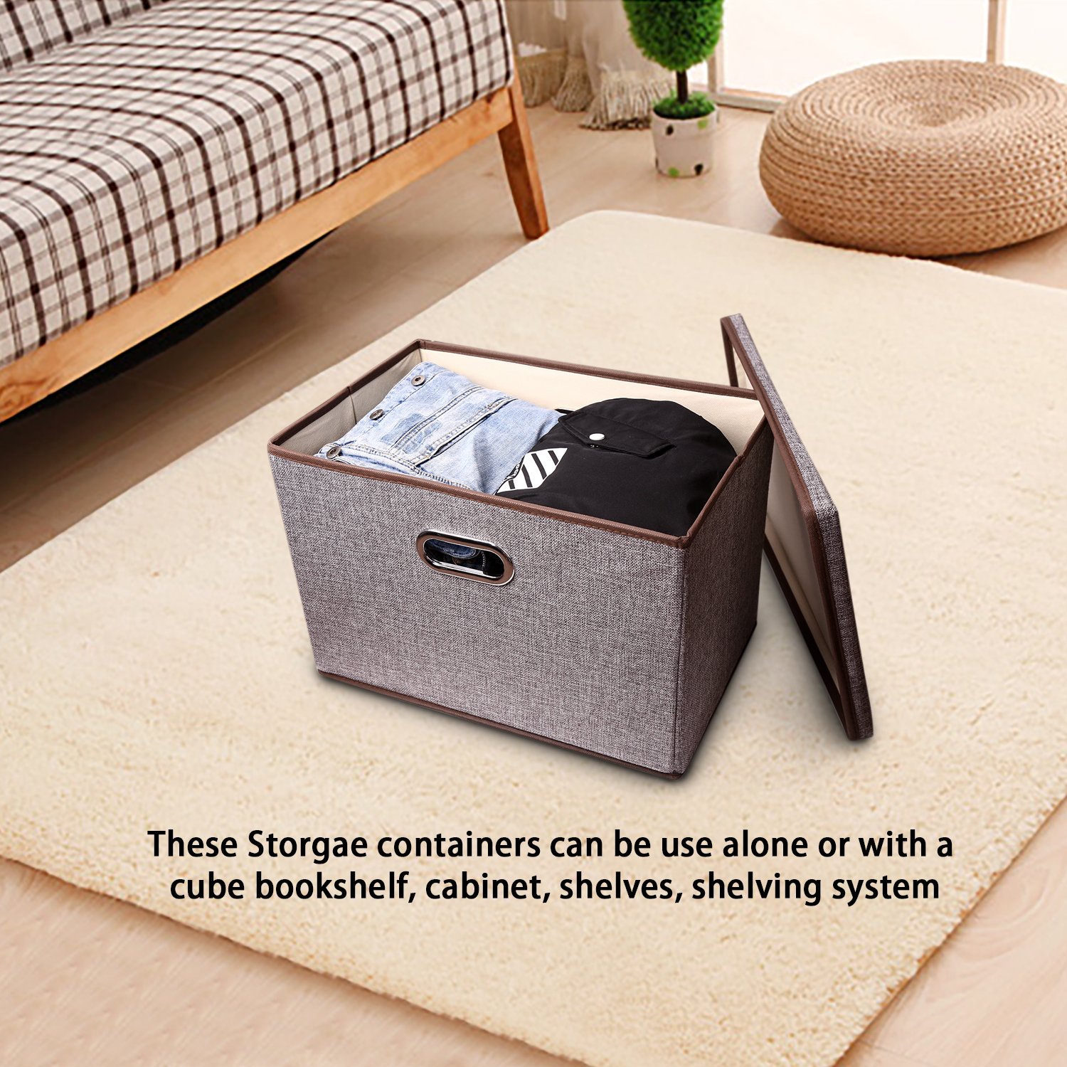 Large Linen Fabric Foldable Storage Container [2Pack] with Removable