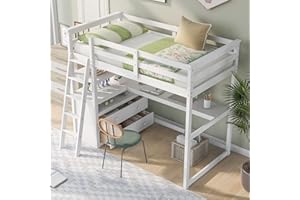 BOVZA Twin Size Loft Bed with Desk and Shelves, Wooden Loft Bed Frame with Two Built-in Drawers, Guardrails & Angle Ladder, for Kids, Teens, Adults, White