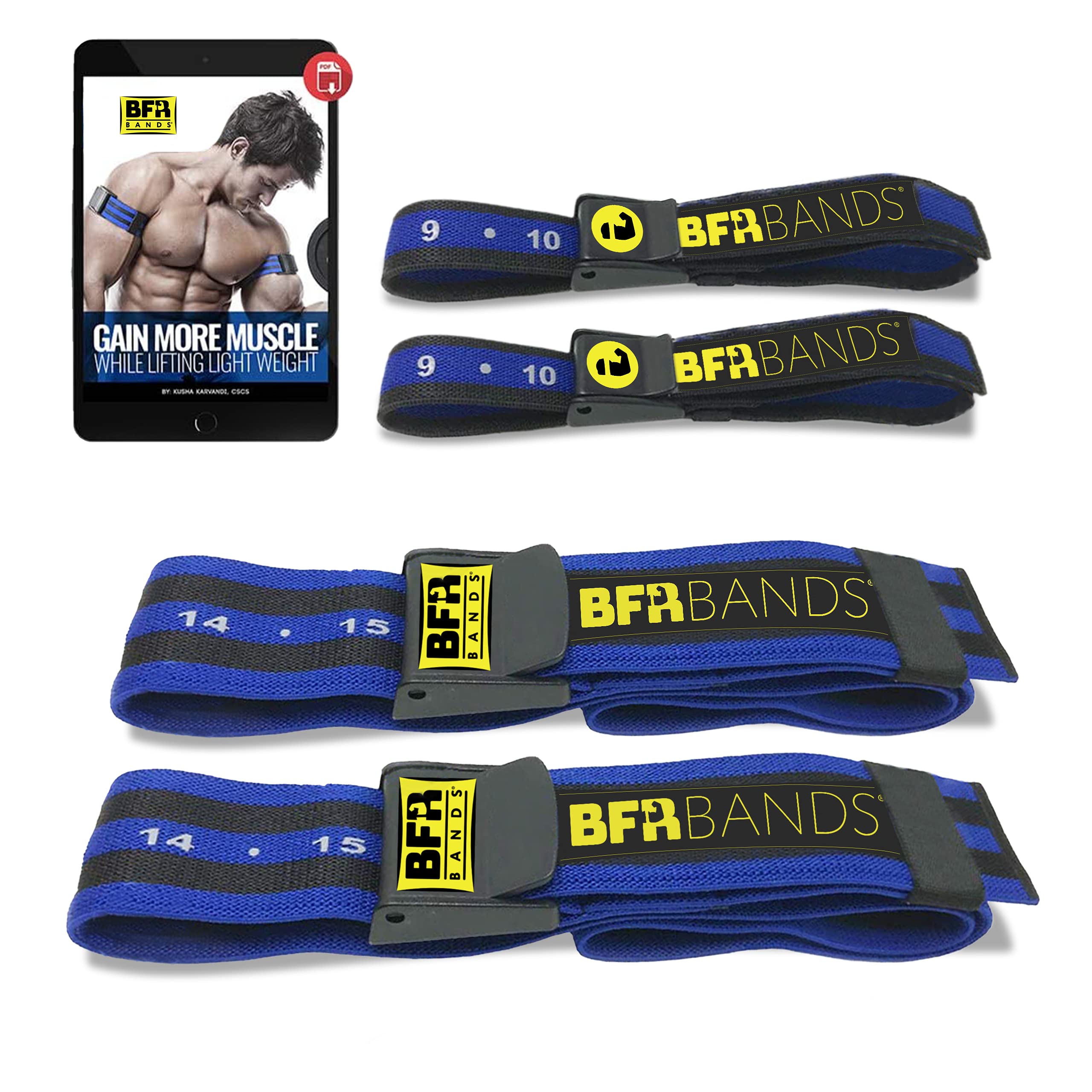 BFR BANDS PRO 4-Pack Bundle Blood Flow Restriction Bands for Arms and Legs, Occlusion Training Bands Help You Gain Muscle Without Heavy Weight Lifting, Strong Elastic Strap + Quick Release