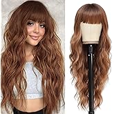 NAYOO Brown Wigs with Bangs for Women Long Curly Wavy Hair Wigs Heat Resistant Synthetic Fiber Wigs for Daily Party Use 24 Inches (Light Brown)
