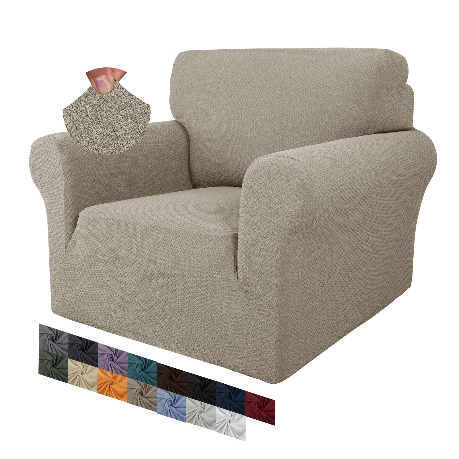 MAXIJIN Creative Jacquard Chair Covers for Living Room, Super Stretch Non Slip Chair Slipcover with Arms Dogs Pet Friendly 1-Piece Elastic Sofa Couch Protector Armchair Cover (1 Seater, Khaki)
