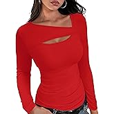 XIEERDUO Womens Long Sleeve Tops Slim Fit Fall Tops for Women 2025 Cutout Tops Y2K Ribbed Tshirt
