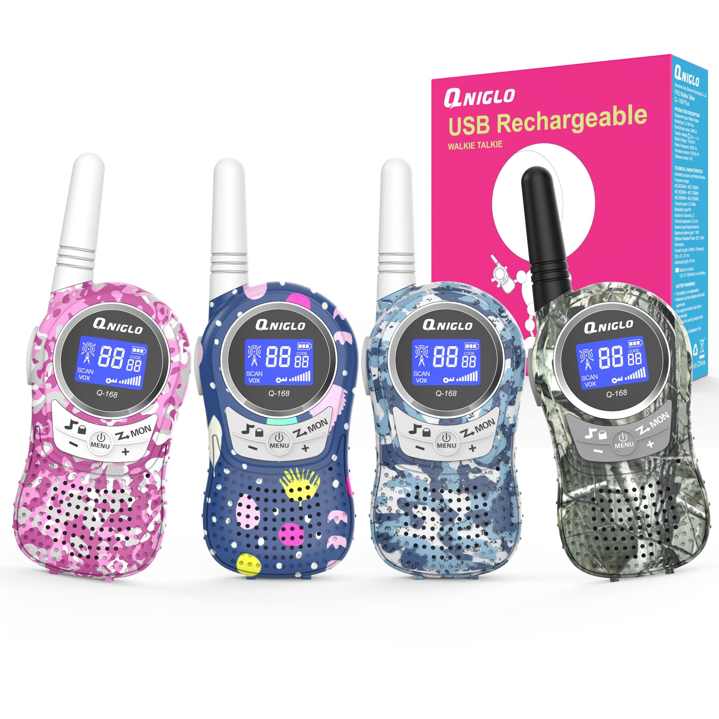 QNIGLO Walkie Talkies for Kids Long Range 4 Pack Rechargeable, 48 Hours Working Time 8 Channels 2 Way Radio with Charging Cable VOX Function - 3KM Range for Kids Adults Indoor Outdoor Camping Activity