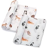LollyBanks Muslin Swaddle Blankets 2PACK, 100% Cotton Baby Blanket 47 x 47 Inches, Large Baby Swaddle Breathable, Muslin Blankets for Boys and Girls (Cat and Dog Print)