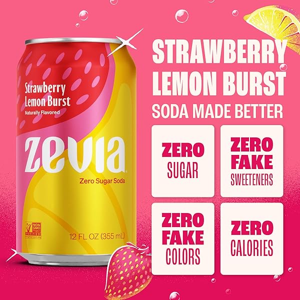 ZEVIA ZERO SUGAR SODA, STRAWBERRY LEMON BURST, 12 OZ CANS (24-PACK) – NATURALLY SWEETENED, ZERO CALORIE SUGAR FREE SODA – NON-GMO PROJECT VERIFIED, GLUTEN-FREE, VEGAN