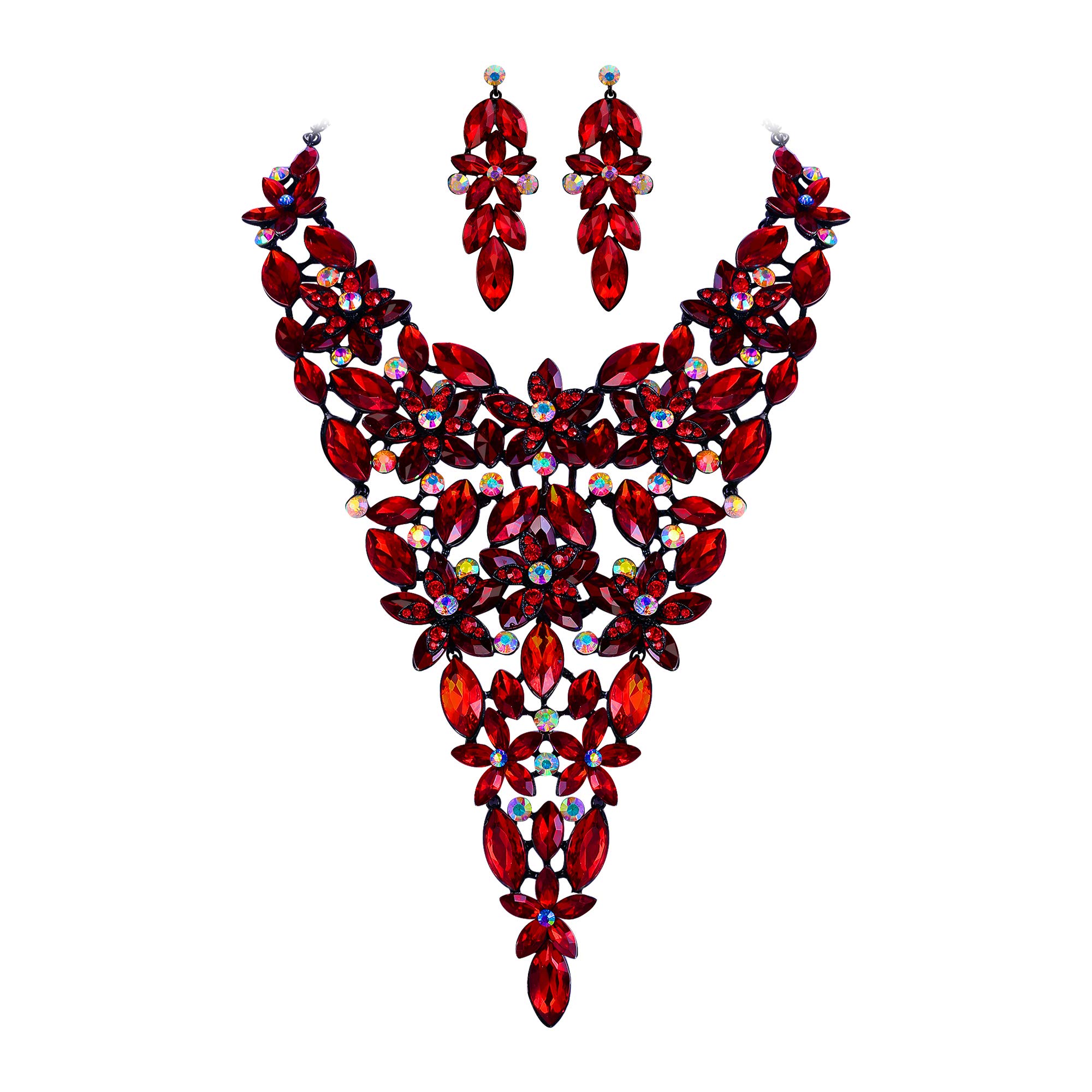 Ever Faith Women's Austrian Crystal Costume Statement Flower Cluster Collar Necklace Earrings Set Red