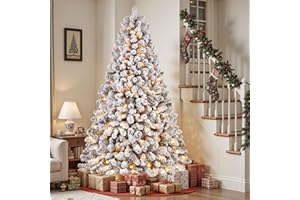 SHareconn 7.5ft Prelit Snow Flocked Artificial Holiday Christmas Tree with 350 Incandescent Warm White Lights, Foldable Stand