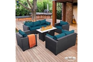 Rattaner Patio Furniture Set with 45In Fire Pit 5 Pieces Outdoor Furniture Sets Patio Couch Outdoor Chairs 60000 BTU Steel Propane Fire Pit Table No-Slip Cushions and Waterproof Covers, Peacock Blue