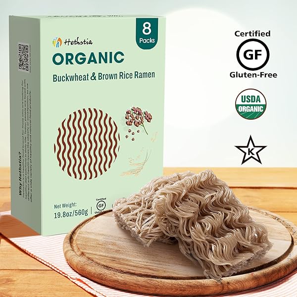 HETHSTIA RICE RAMEN ORGANIC BROWN RICE AND BUCKWHEAT NOODLES, GLUTEN-FREE BUCKWHEAT RAMEN, WHOLE GRAIN RICE RAMEN PASTA, NON-GMO AND KOSHER, 8 PACKS SOBA RAMEN NOODLES BABY HEALTHY DIET (19.8 OZ)