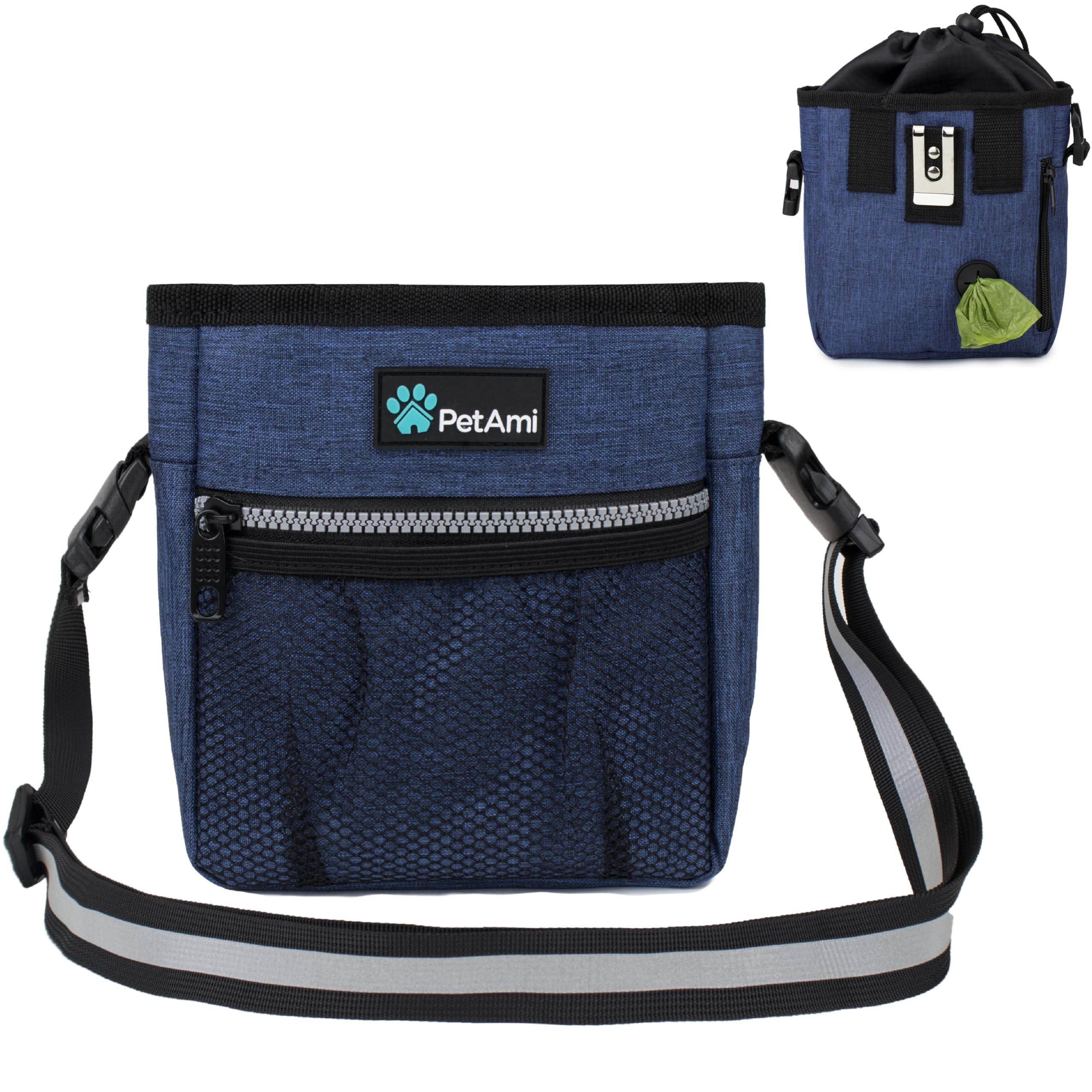 PetAmi Dog Treat Pouch, Pet Treat Pouch for Training, Dog Walking Bag Holder for Kibbles, Pet Food Toy, Dog Trainer Essentials Supplies, Poop Bag Dispenser, 3 Ways to Wear (Heather Navy)