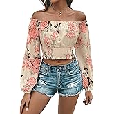 WDIRARA Women's Floral Print Off Shoulder Bishop Long Sleeve Shirred Crop Blouse Boho Tops