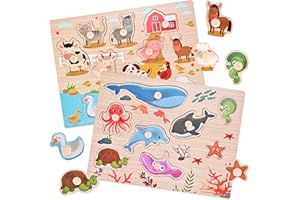 Wooderma Wooden Peg Puzzles for Toddlers 1-3, 2 Pcs Upgraded Montessori Educational Learning Puzzle Toy Sets - Animal & Sea Themes Puzzles, Great Preschool Gifts for Girls and Boys (8.86 * 11.61in)