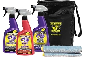 Wizards Motorcycle Cleaning Kit - Bike Wash Foam and Rinse, Quick Detailer Spray, and Bug Remover with Fiber Cloth and Detailing Bag - Portable Motorcycle Wash Kit with Accessories