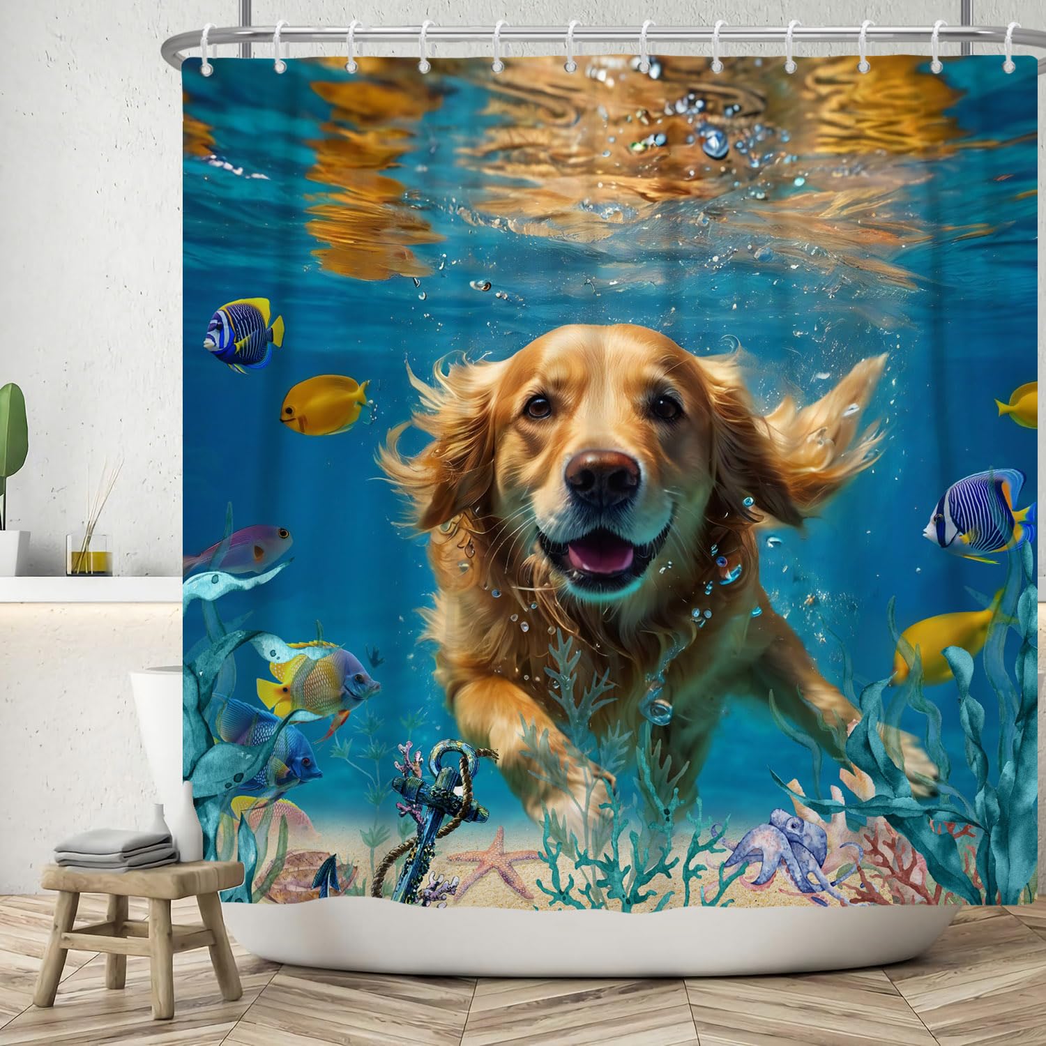 ASDCXZ Shower Curtain Dog 180 x 180 cm, Funny Dog Happy Swimming Underwater World Colourful Ocean Fish Washable Bath Shower Curtains Polyester Textile Waterproof Shower Curtain for Bath with 12 Hooks