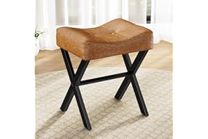Memobarco 18-Inch Leather Vanity Stool Chair, Vanity Bench with Metal X-Leg, Ottoman Foot Stool with Thick Padded Saddle Seat