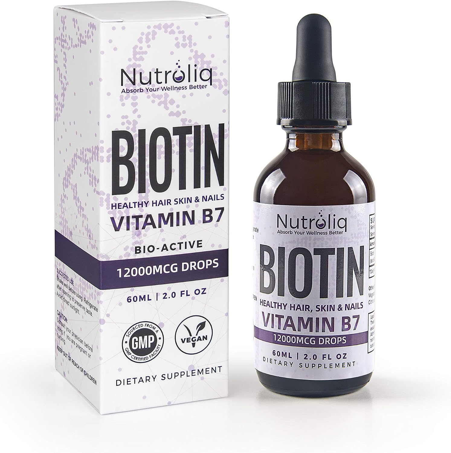 Nutroliq Biotin Liquid Drops, Vegan Vitamin B7 Dietary Supplement for Hair Nail & Skin Health
