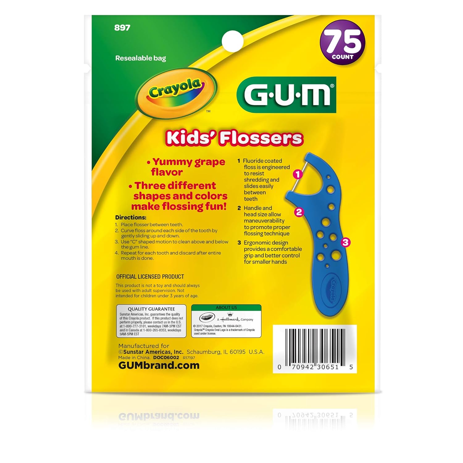 GUM897 Crayola Kids’ Flossers, Grape, Fluoride Coated, Ages 3+, 75