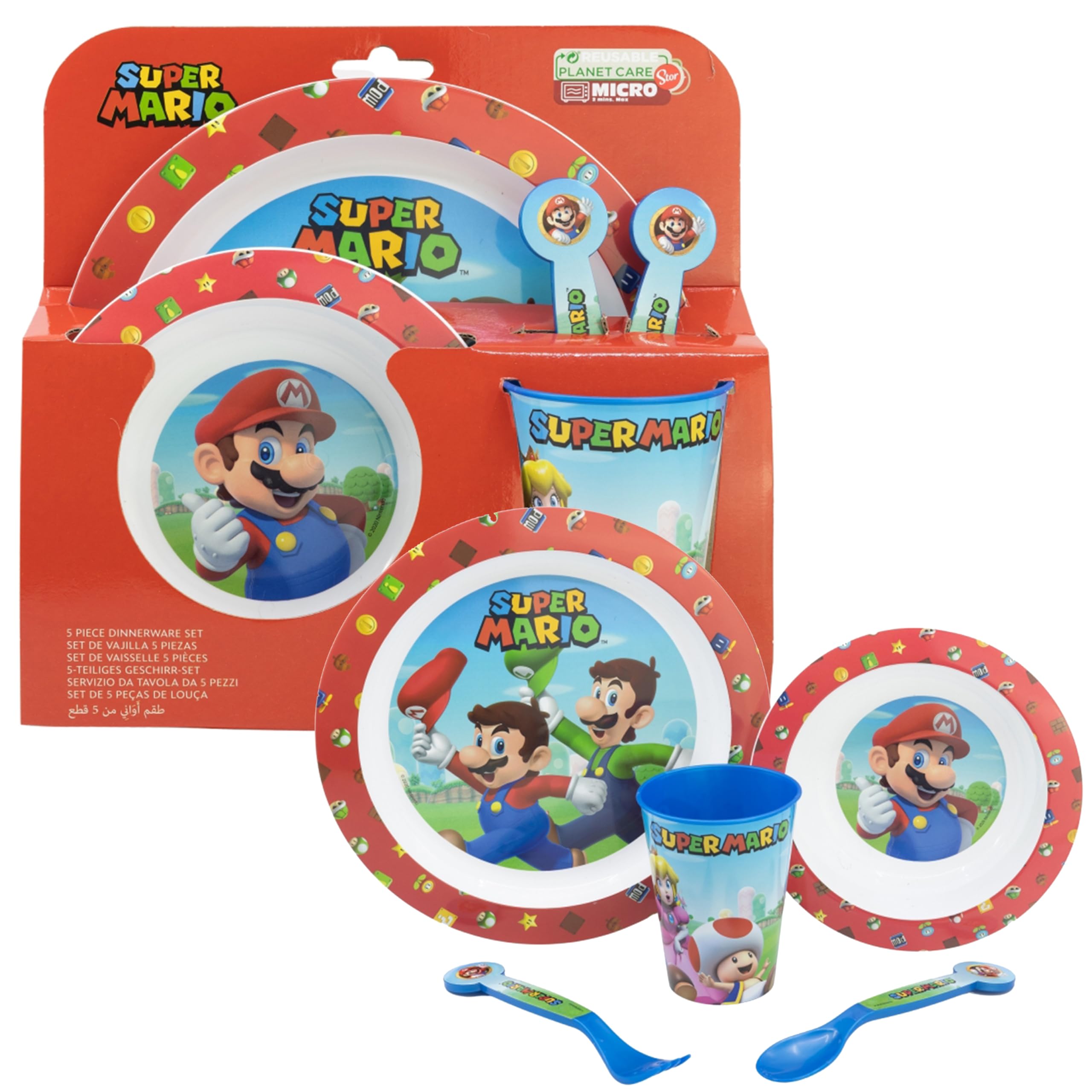 5PCs Super Mario Reusable Dinner Set - Kids Tableware Set Plate, Bowl & 260ML Drinking Plastic Cup with Cutlery Set, Breakfast Lunch Microwave Safe Dinnerware Set 4+Years