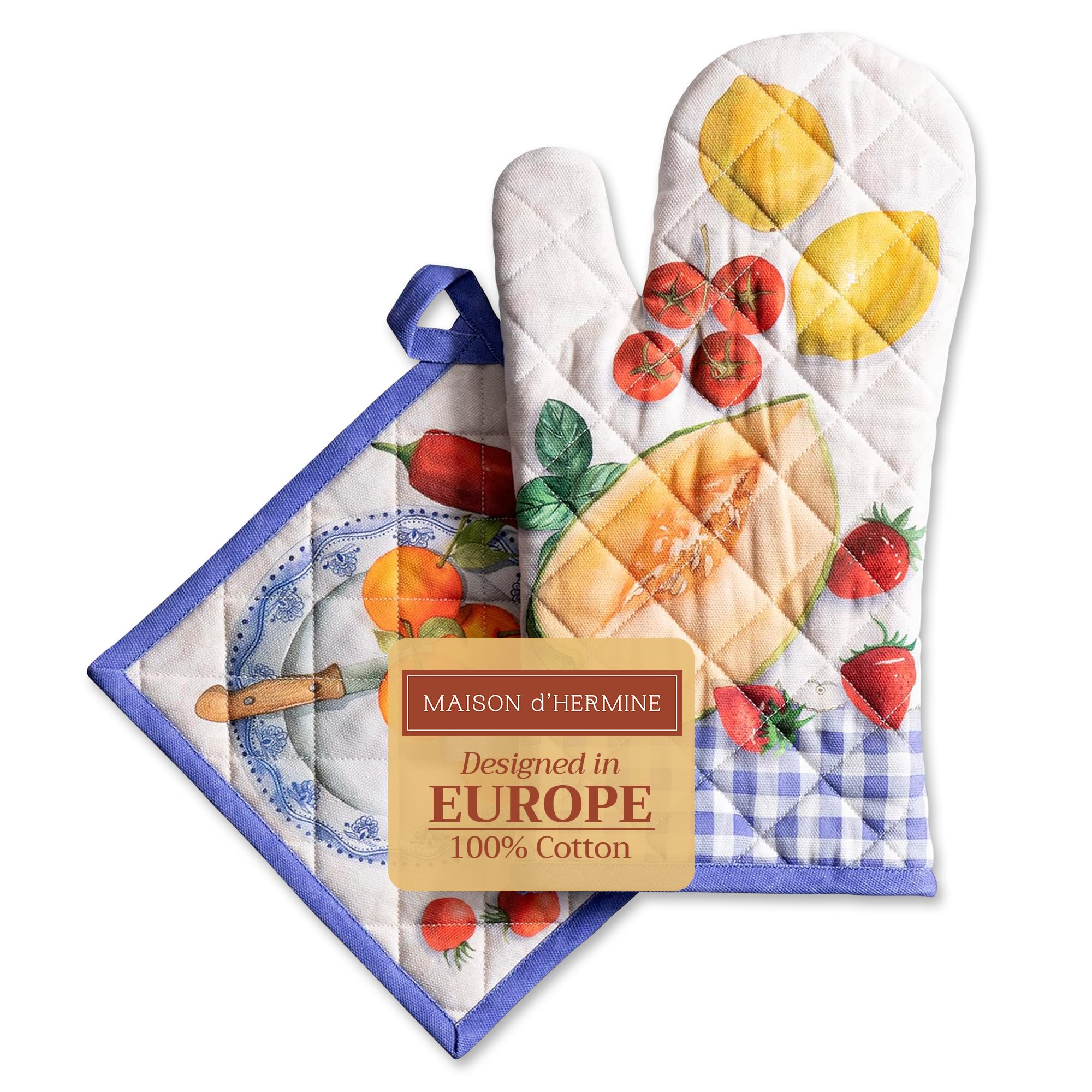 Maison d' Hermine 100% Cotton Oven Mitt & Pot Holder Set (19 x 33 cm & 20 x 20 cm) Heat Resistant BBQ Cooking Gloves with Loop for Baking Handling Hot Pans Gifts for Mothers Day (Gourmand)