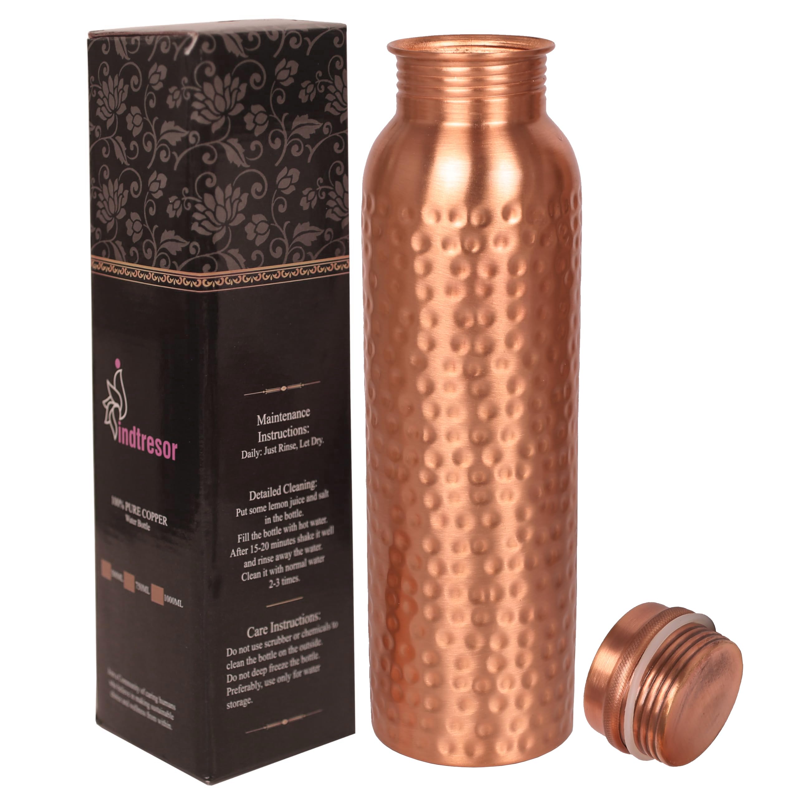 INDTRESOR Pure Copper Water Bottle Handcrafted - Ayurveda health benefits - Large 35 oz - Leak proof, Easy to carry for Sports, Fitness, Yoga, School - Natural Hammered Beaten Copper Finish